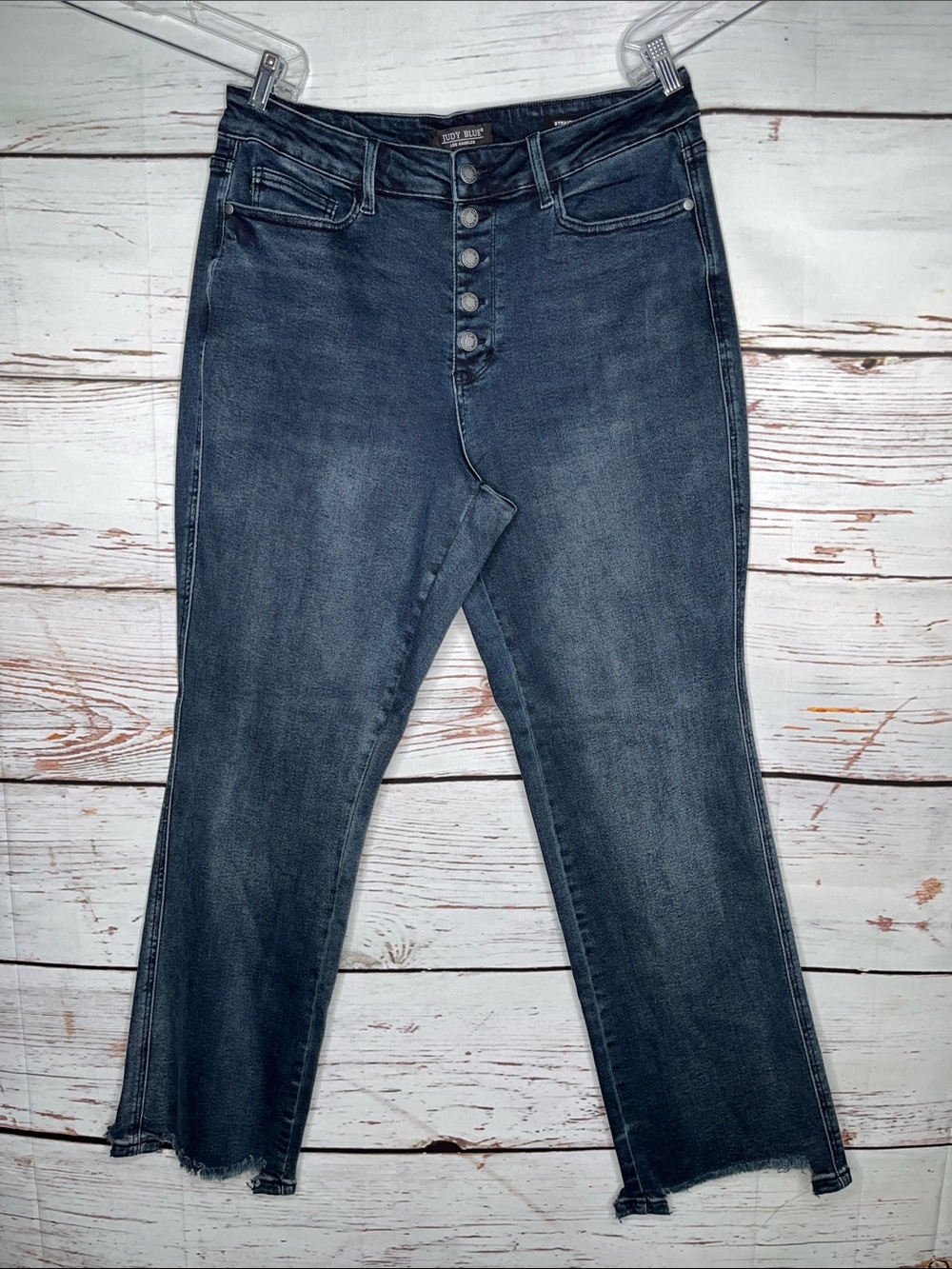 Judy Blue Sz 18W Blue Denim High Rise Straight Fit Button Fly Destroy Hem Jeans